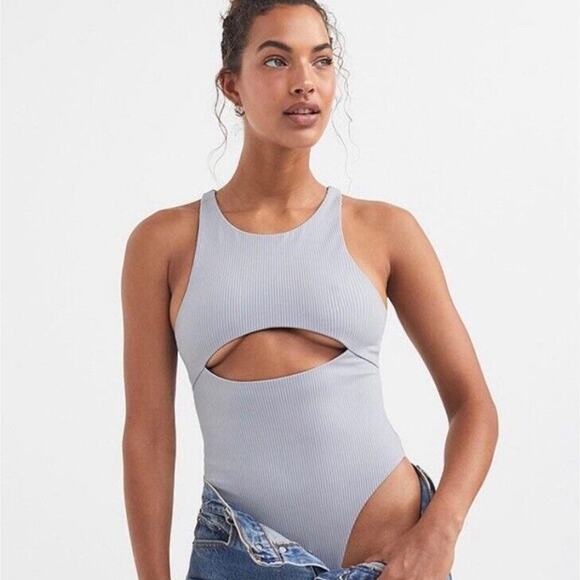 FOR LOVE & LEMONS Ribbed Cutout Bodysuit Grey Keyhole Thong Sexy Size Small R23 - Picture 1 of 6
